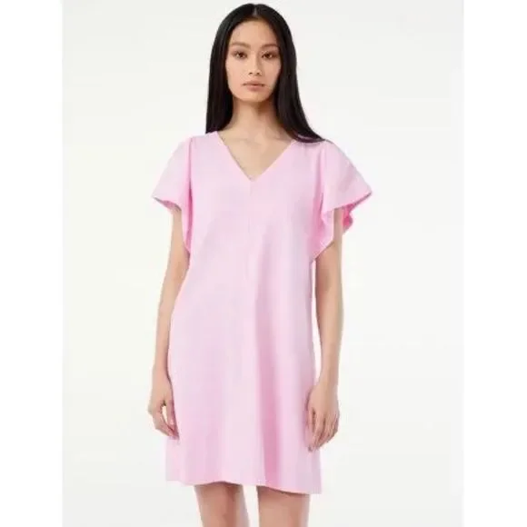 free assembly pink dress Free Assembly Women's V-Neck Dress with Flounce Sleeves, Size: Small, Pink